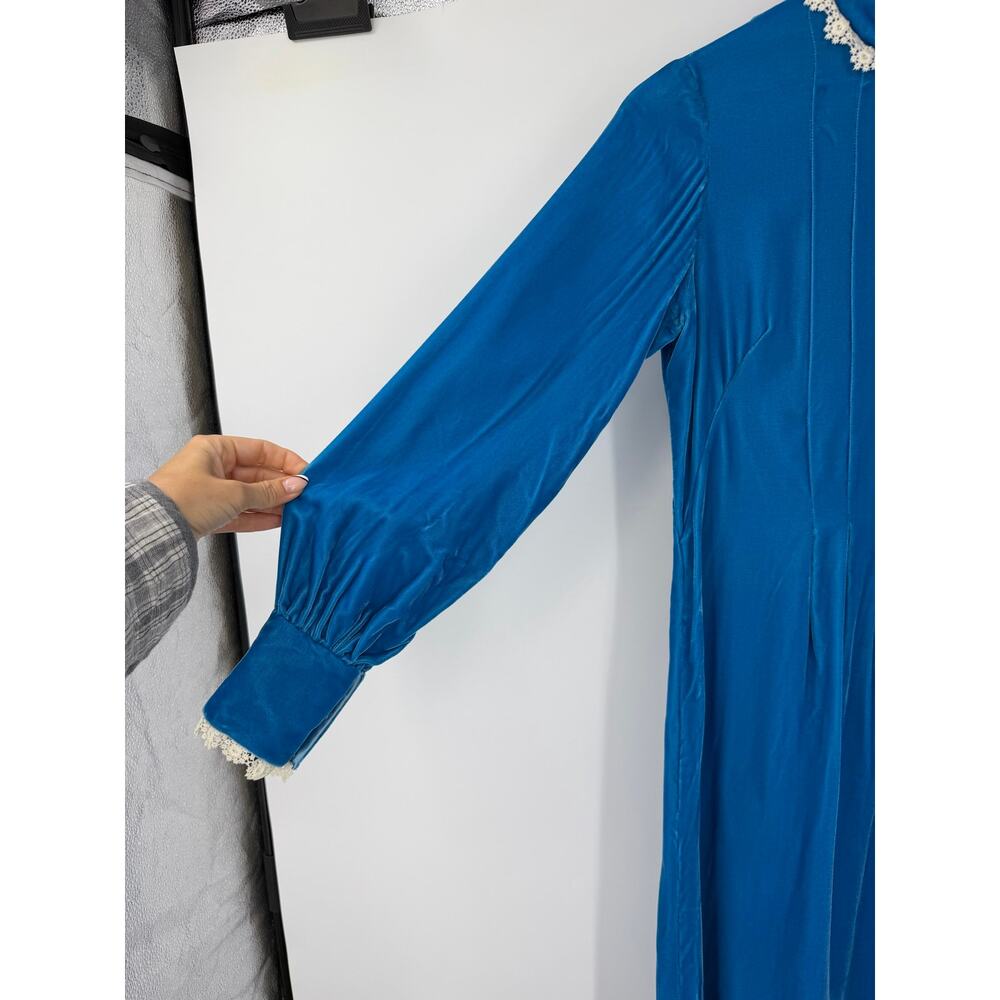 Vintage Handmade Blue Velvet Maxi Dress Lace Trim Prairie Victorian Cottagecore - Picture 5 of 16